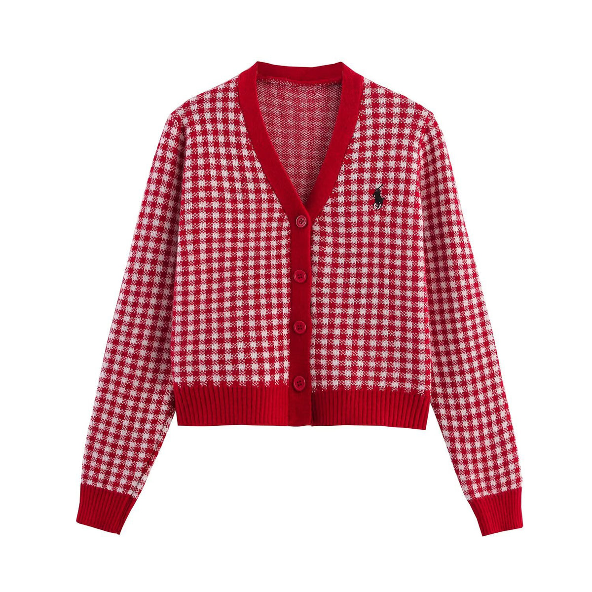 Fashion Embroidered Plaid Knitted Cardigan