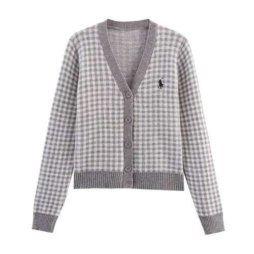 Fashion Embroidered Plaid Knitted Cardigan