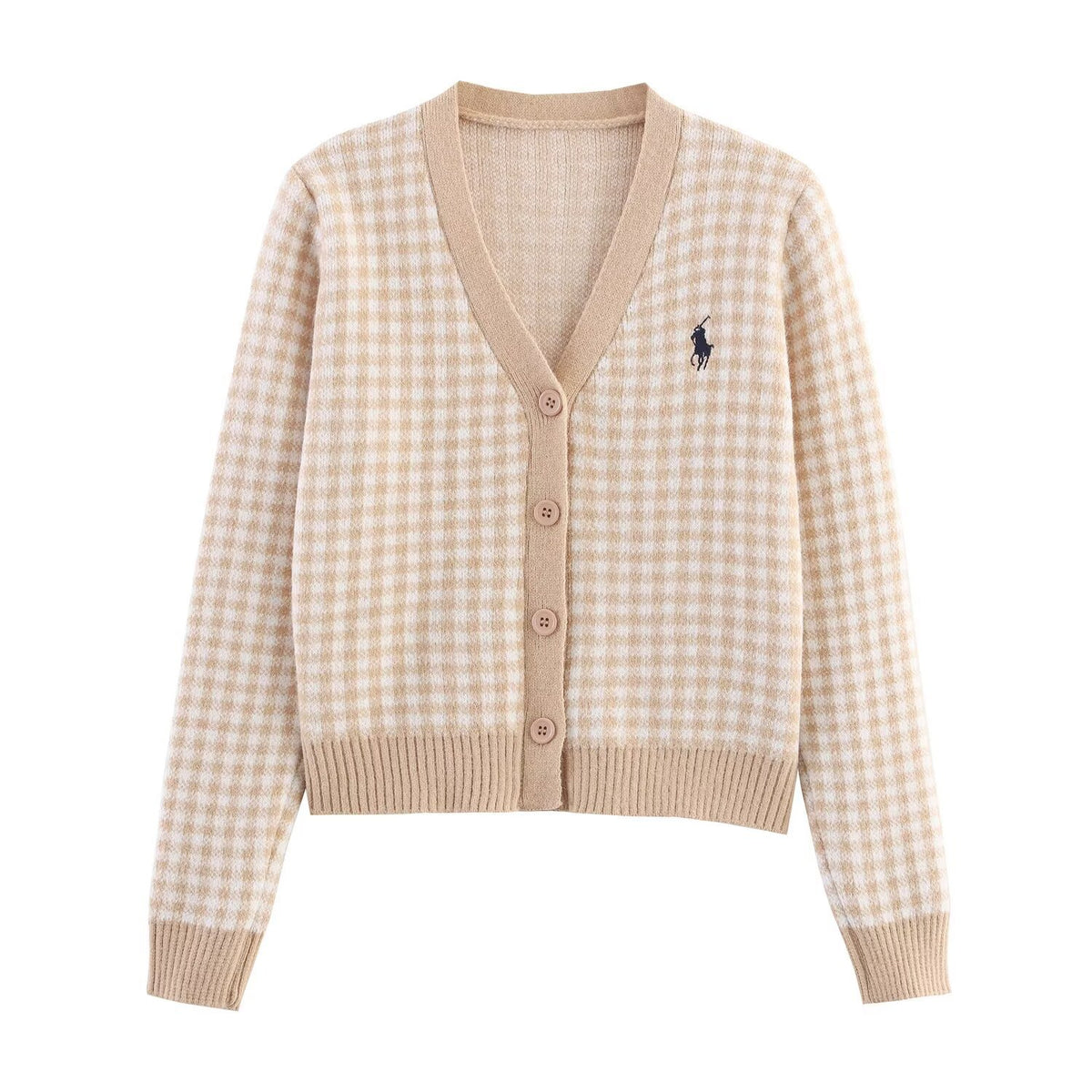 Fashion Embroidered Plaid Knitted Cardigan